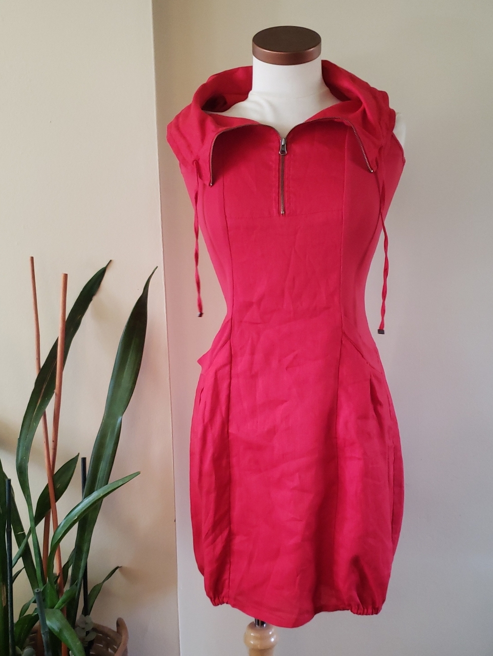 ECRU Linen Funnel Neck Sleeveless Dress W/Pockets - S